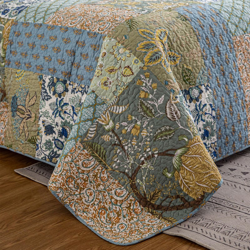 YAYIDAY Quilts Queen Size Patchwork Bedspread - 100% Cotton Reversible Breathable Green Leaves Quilted Quilt with Pillow Shams for All Seasons - Image 3